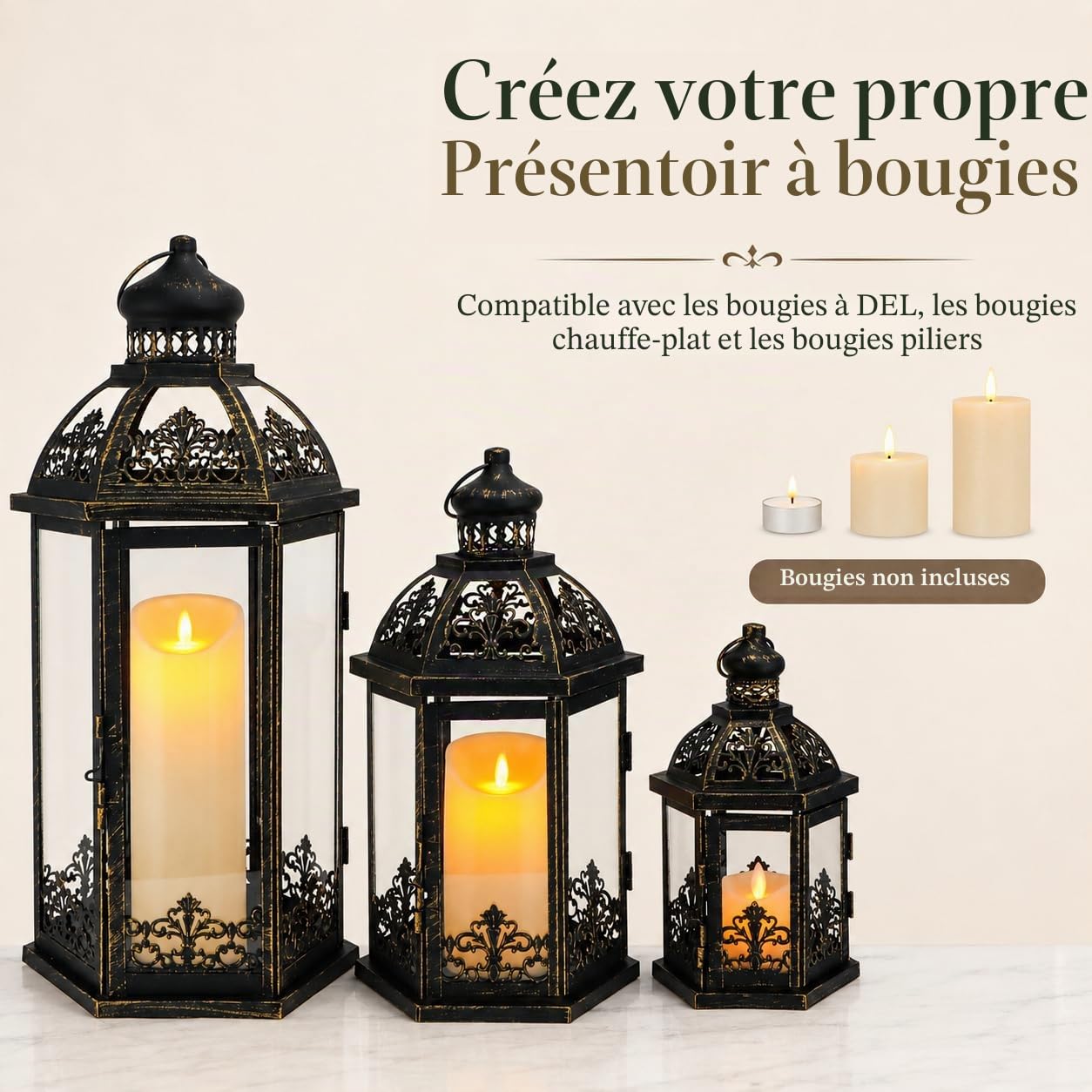 TRIROCKS Lot de 3 lanternes à bougie décoratives en métal noir parfaites pour jardin, cour, terrasse