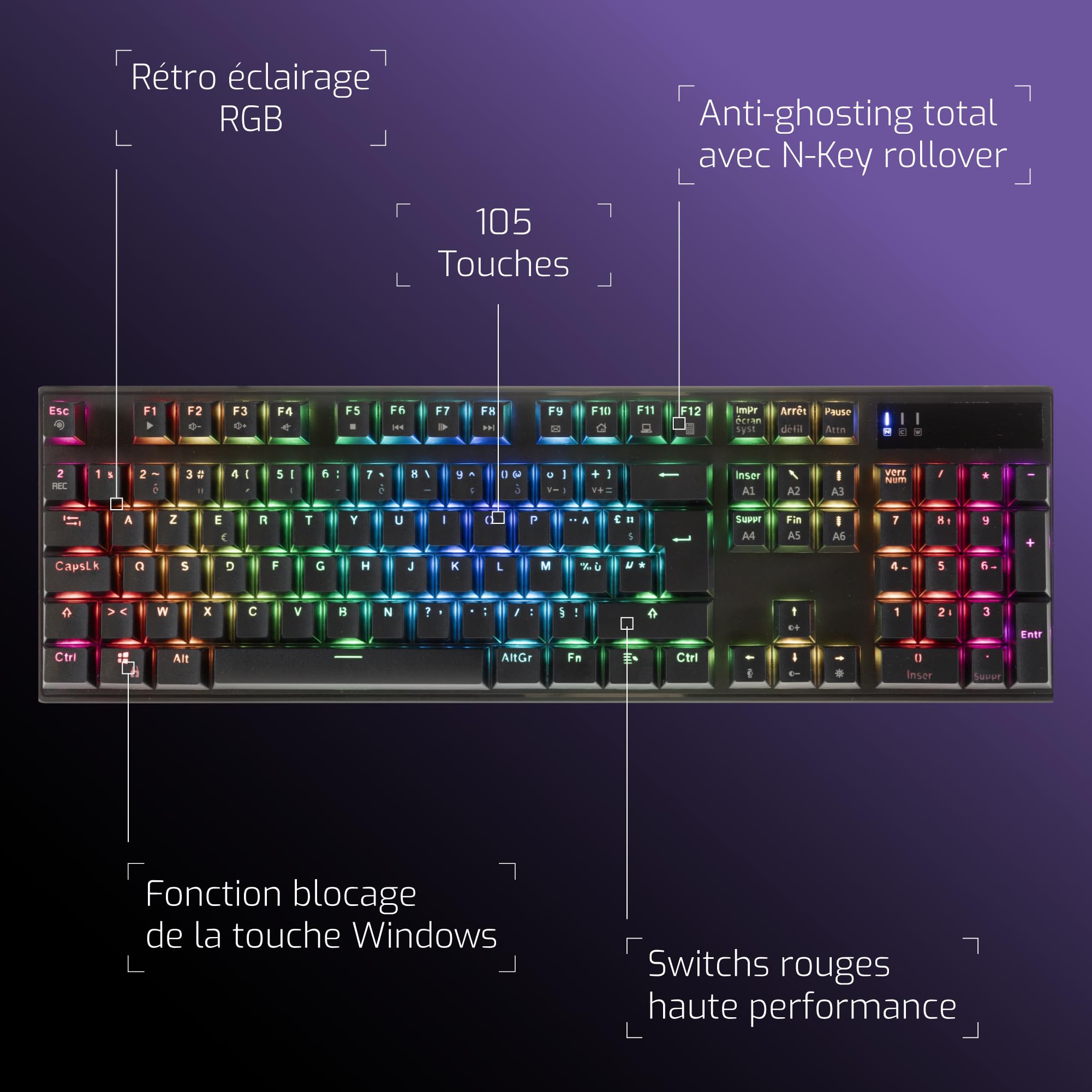 CA-240 – Tastiera Gamer espansa – 105 tasti – Meccanica Switch Rosso – Anti ghosting Completo N-Key Rollover– Retroilluminazione RGB – Cavo USB intrecciato