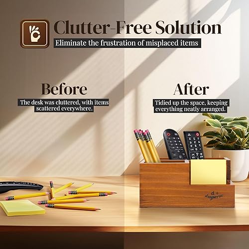 Miniatura 6 de Flexzion Portalápices de madera rústica para oficina, 3 ranuras, organizador de almacenamiento de escritorio y mesa, soporte multifuncional para