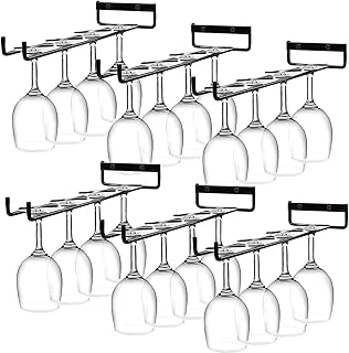 Dicunoy 6 Pack Black Wine Glass Racks, 24 Glasses Metal Under Shelf Wine Glass Holder, Wall Mounted Iron Wine Glass Hanging Rack for Shelf, Kitchen, Bar, Wine Cellar Storage, Organizer, Display