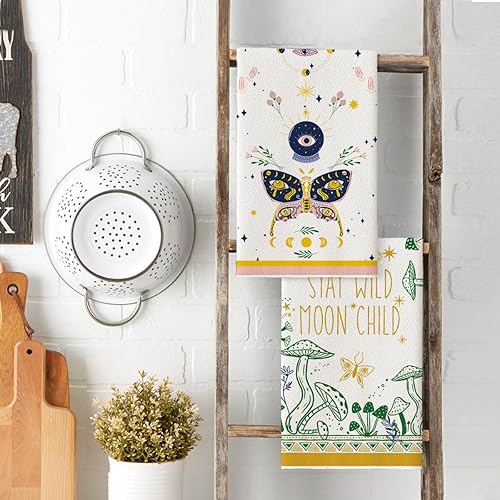 Miniatura 3 de Artoid Mode Juego de 2 toallas de cocina modernas con diseño de hongos, 18 x 26 pulgadas, diseño de luna salvaje, diseño de mariposa, para