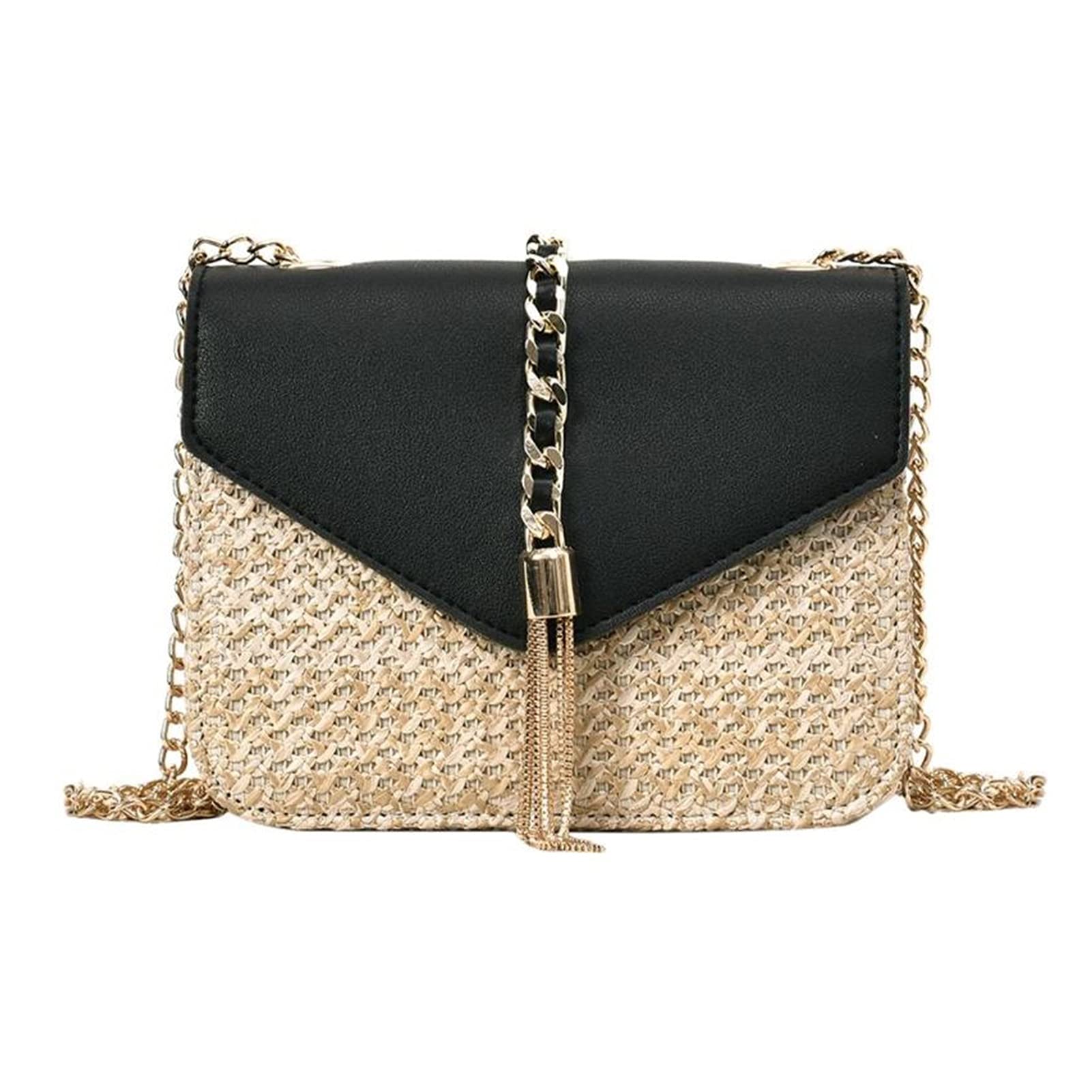 Capazo Playa,Bolsos De Mimbre Bolsas de colgajo de Cadena con Flecos para Mujer de Paja. + PU Bolsas de Crossbody Bolsos de Hombro Messenger Beach Messenger(Black)