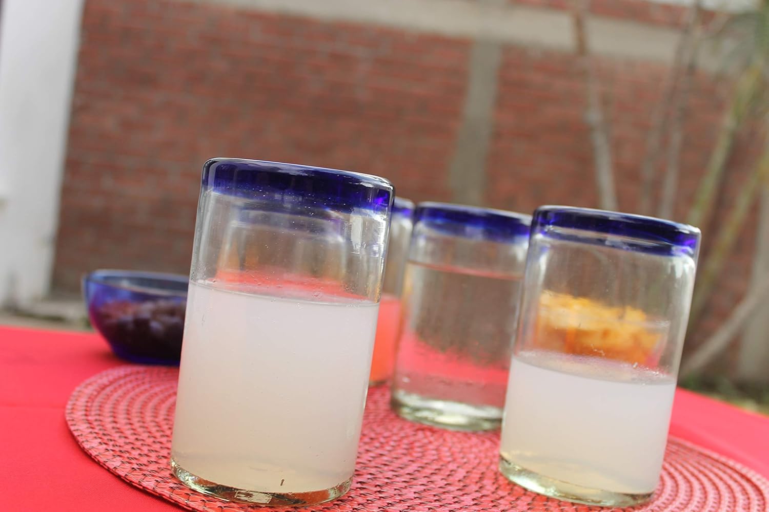 Fiesta Brands Mexican Blue Rimmed Drinking Glasses, Recycled Glass Hand Blown Heavy Thick Glassware Stemless Margarita Wine Cups Cobalt Kitchen Set of 6 Handcrafted Rustic 14 Oz