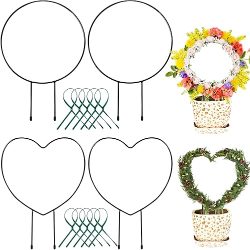 Halatool Paquete de 4 enrejados de metal negro para plantas trepadoras, estructura de soporte de tallo de vid de hierro de 13 pulgadas, soporte de