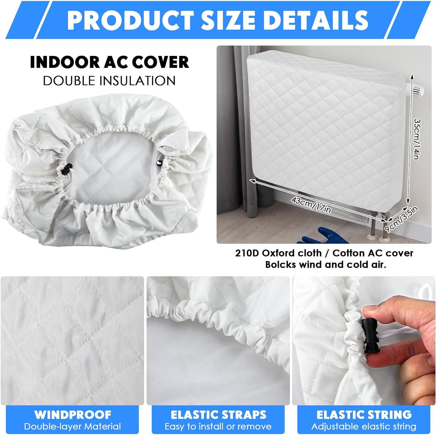 2 Pcs Window Air Conditioner Cover Indoor Outdoor Adjustable Waterproof Window Ac Cover Outdoor with Drawstring for Winter(White & Black,Inside 17 x 14 x 3.5 in, Outside 17 x 12 x 13 in)