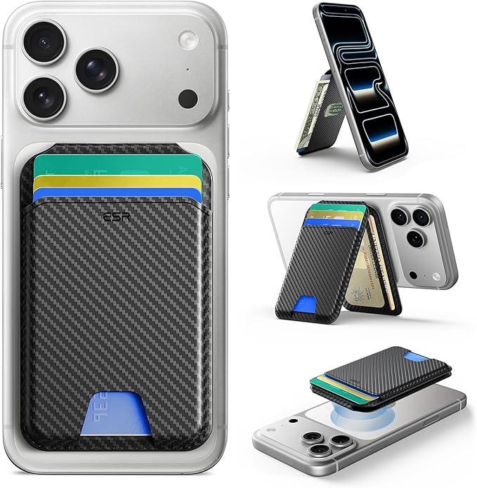 ESR Upgraded for MagSafe Wallet, 5 Card Holder, RFID Blocking, Magnetic Wallet with Adjustable Stand, for iPhone 17/16/15/14/13/12 Series & Google Pixel 10, Not Mini, Vegan Leather, Black Carbon Fiber