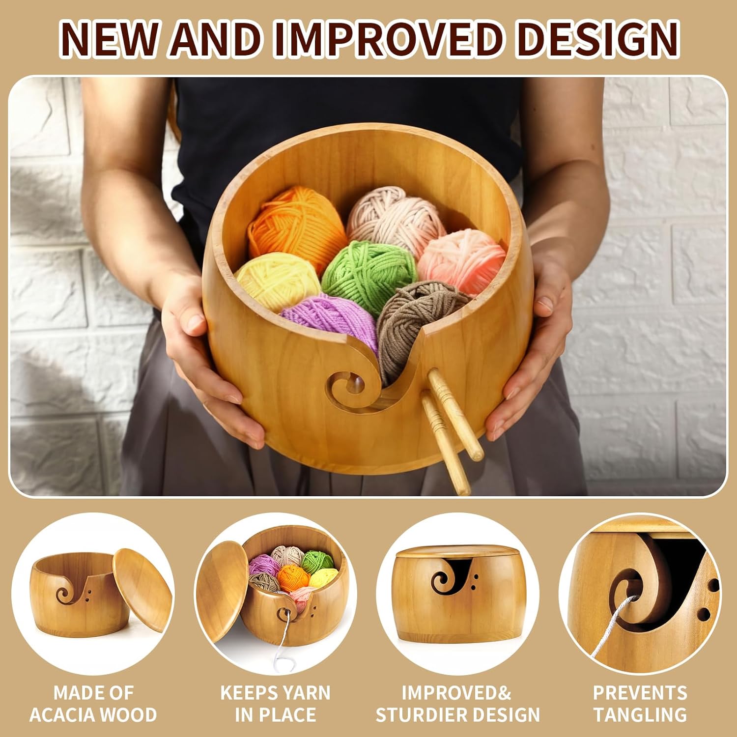 Giegxin Large Wooden Yarn Bowl with Lid 9"x9"x6" Yarn Holder for Knitting Craft Pine Wool Storage with 9 Pcs Crochet Hooks Handmade Crochet Kit Organizer Accessories for String (Light Brown, Classic)