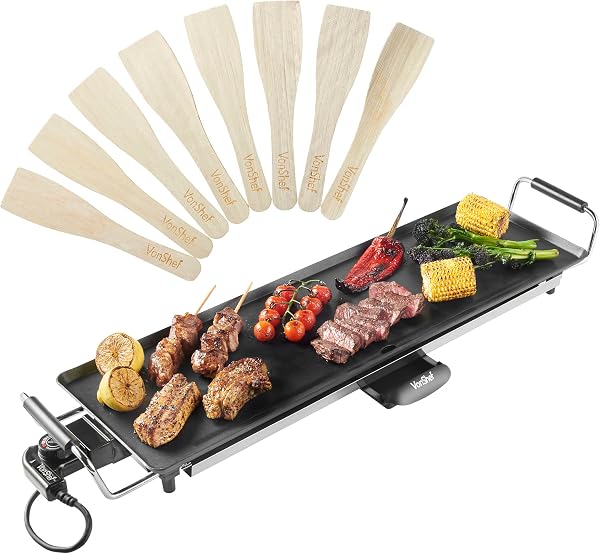 VonShef Teppanyaki Grill XL - 2000W Electric Griddle with Non-Stick Plate, Easy Clean BBQ Table Top Grill, Adjustable Temperature, Oil Drip Tray & 8 Spatulas - Meat, Vegetables & Fish, 70x23x10cm - 1