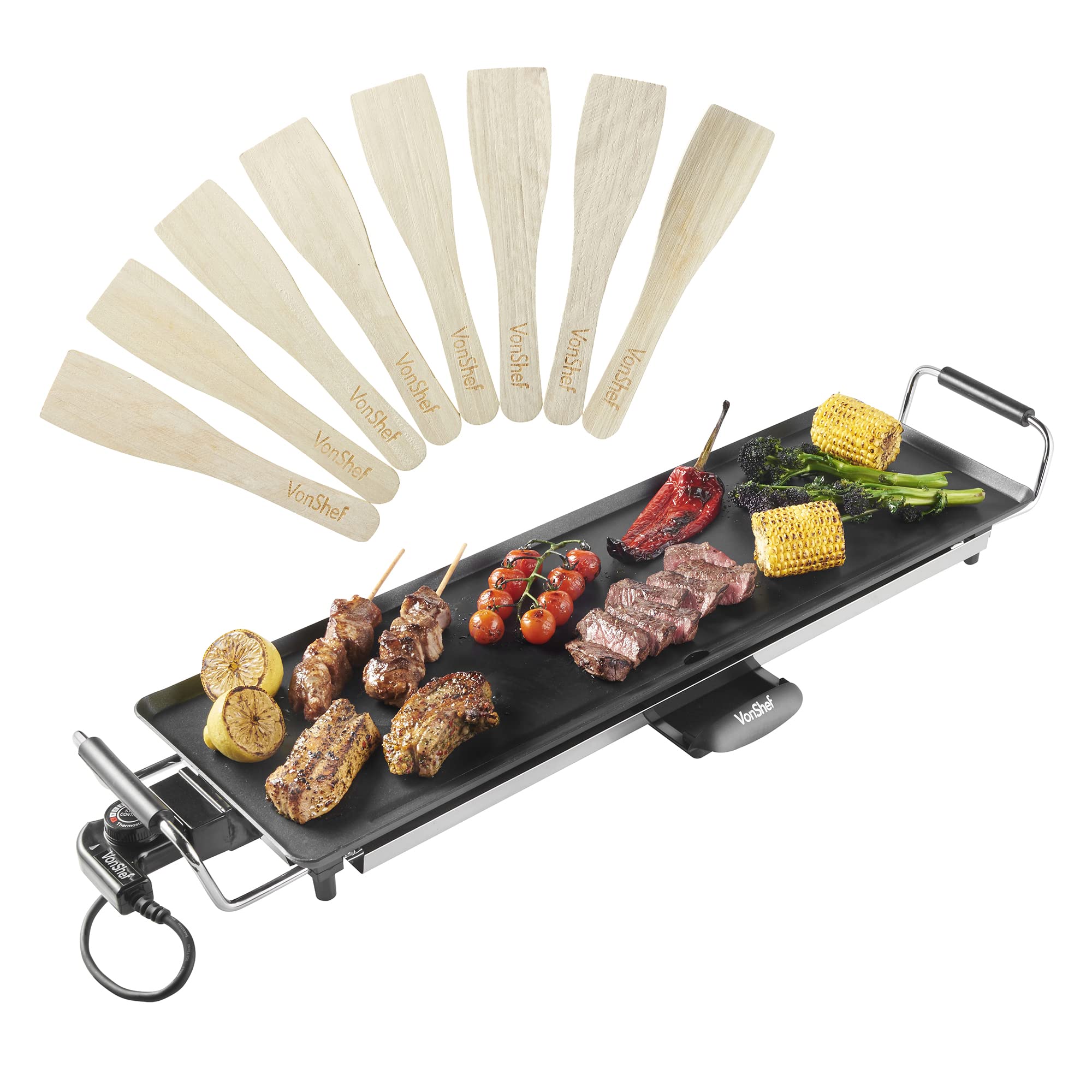 VonShef Teppanyaki Grill XL - 2000W Electric Griddle with Non-Stick Plate, Easy Clean BBQ Table Top Grill, Adjustable Temperature, Oil Drip Tray & 8 Spatulas - Meat, Vegetables & Fish, 70x23x10cm
