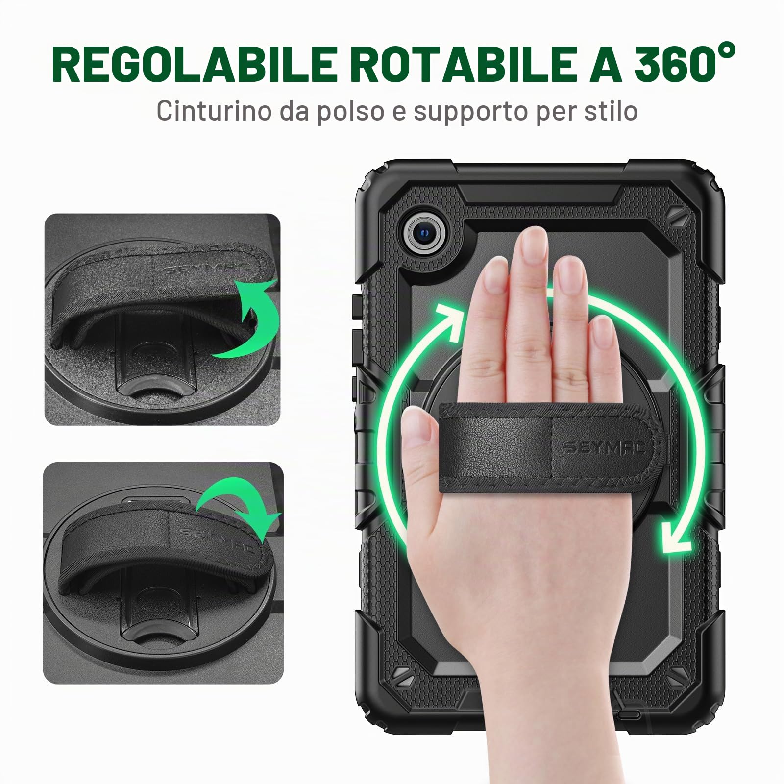 SEYMAC Custodia per Samsung Galaxy Tab A11 8,7" / Tab A9 8,7 Pollici (2025/2023), Custodia Antishock con Protezione Schermo, Supporto Girevole a 360° e Cinturino da Polso, Tracolla, Nero