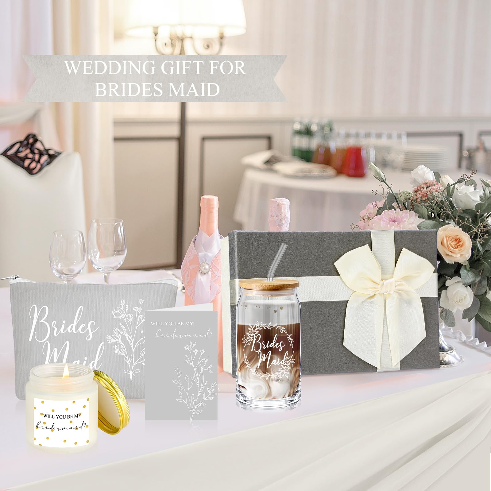 Inbagi Bridesmaid Gifts Box Set of 5 Includes Glass Cup with Lid and Straw Makeup Bag Sage Scented Candle Wedding Invitation Cards Proposal Gifts for Bridal Party Favors (Gray)
