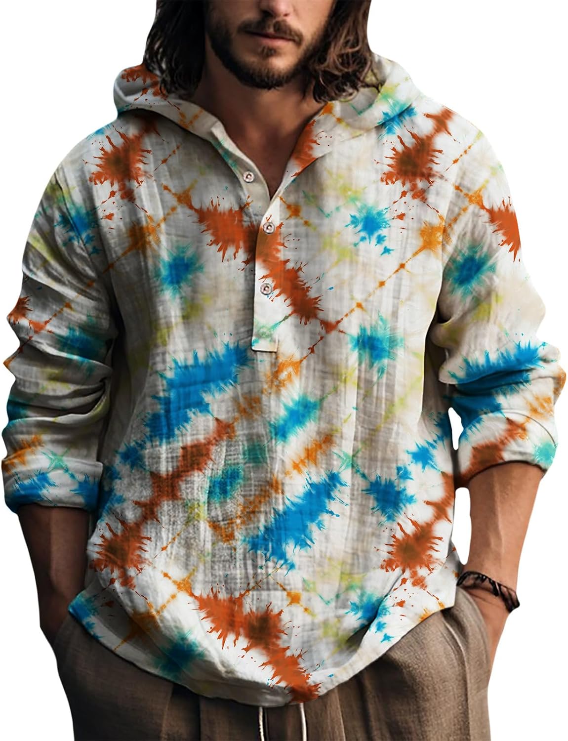 Mens Hooded Tie Dye Button Up Shirt Long Sleeve Casual Pullover Top Relaxed Fit Beach Vacation Streetwear