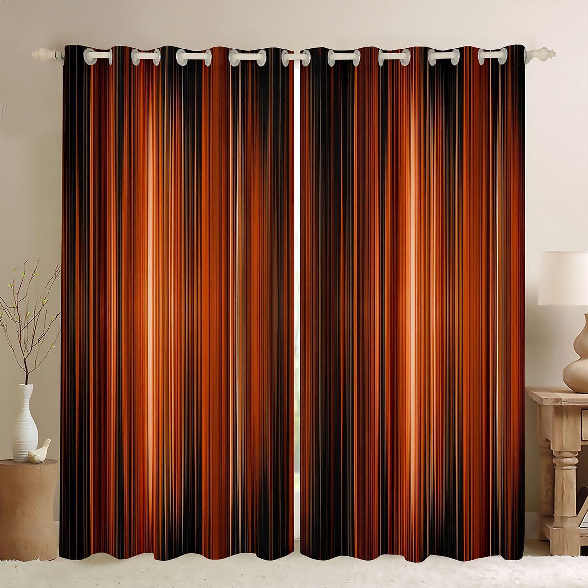 Orange Black Gradient Window Curtains 2 Panel Sets 38" Wx45" L Modern Simple Window Treatments Drapes Ombre Stripe Abstract Blackout Curtains For Adult Women Teens Bedroom Gradient Boho Simples Decor