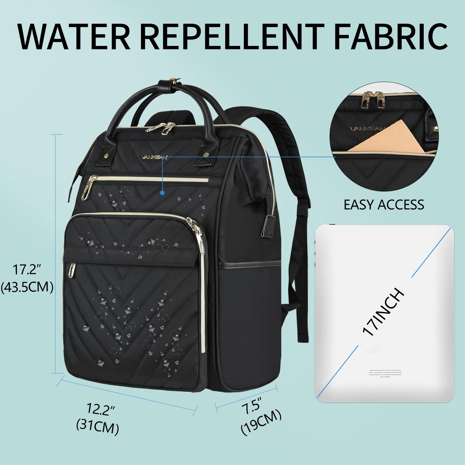 VANKEAN 17 Zoll Laptop Rucksack für damen herren Computer Arbeitstasche, große Kapazität, wasserdichter, College Daypack Schultasche Business Travel, schwarz