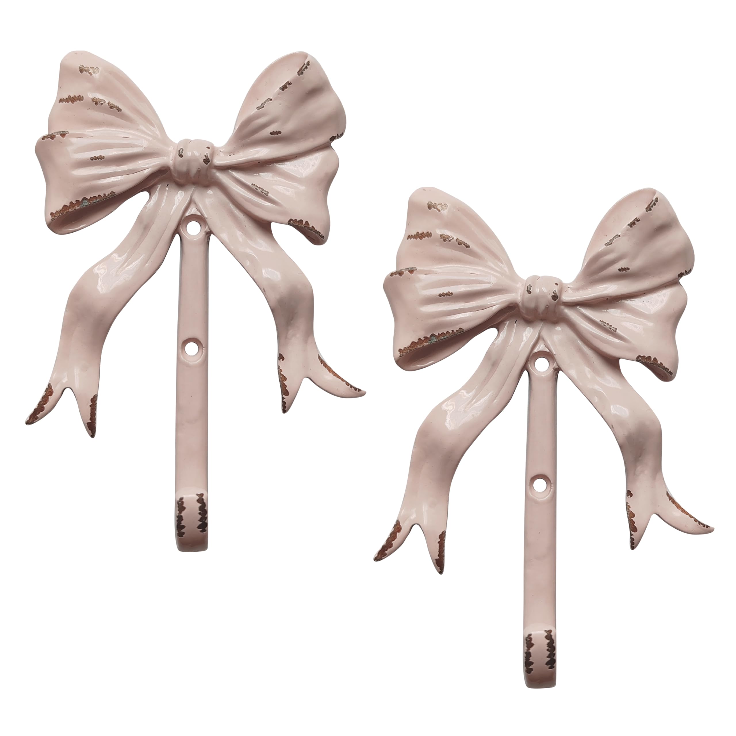 Enchanting Pink Bow Wall Hooks - Pack of 2 | Shabby Chic Vintage Style | Easy Installation | Sturdy Metal Hooks for Clothes, Bags, Towels, Hats