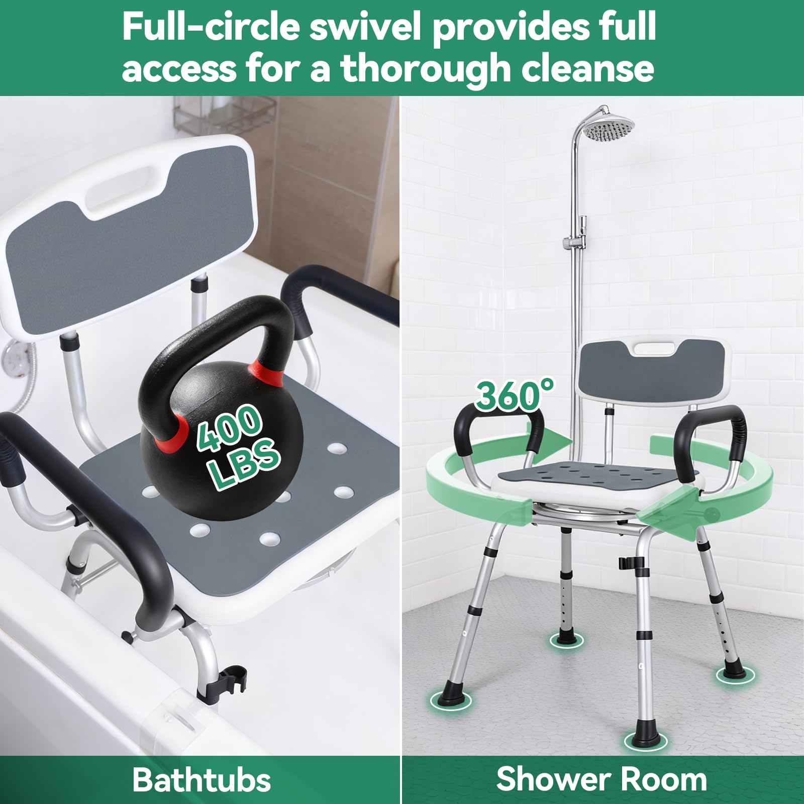 Silla de ducha giratoria con asiento de bloqueo, 400 libras, silla de ducha giratoria de 360° para ancianos y discapacitados, silla de baño ajustable en altura con brazos y respaldo, asiento de ducha