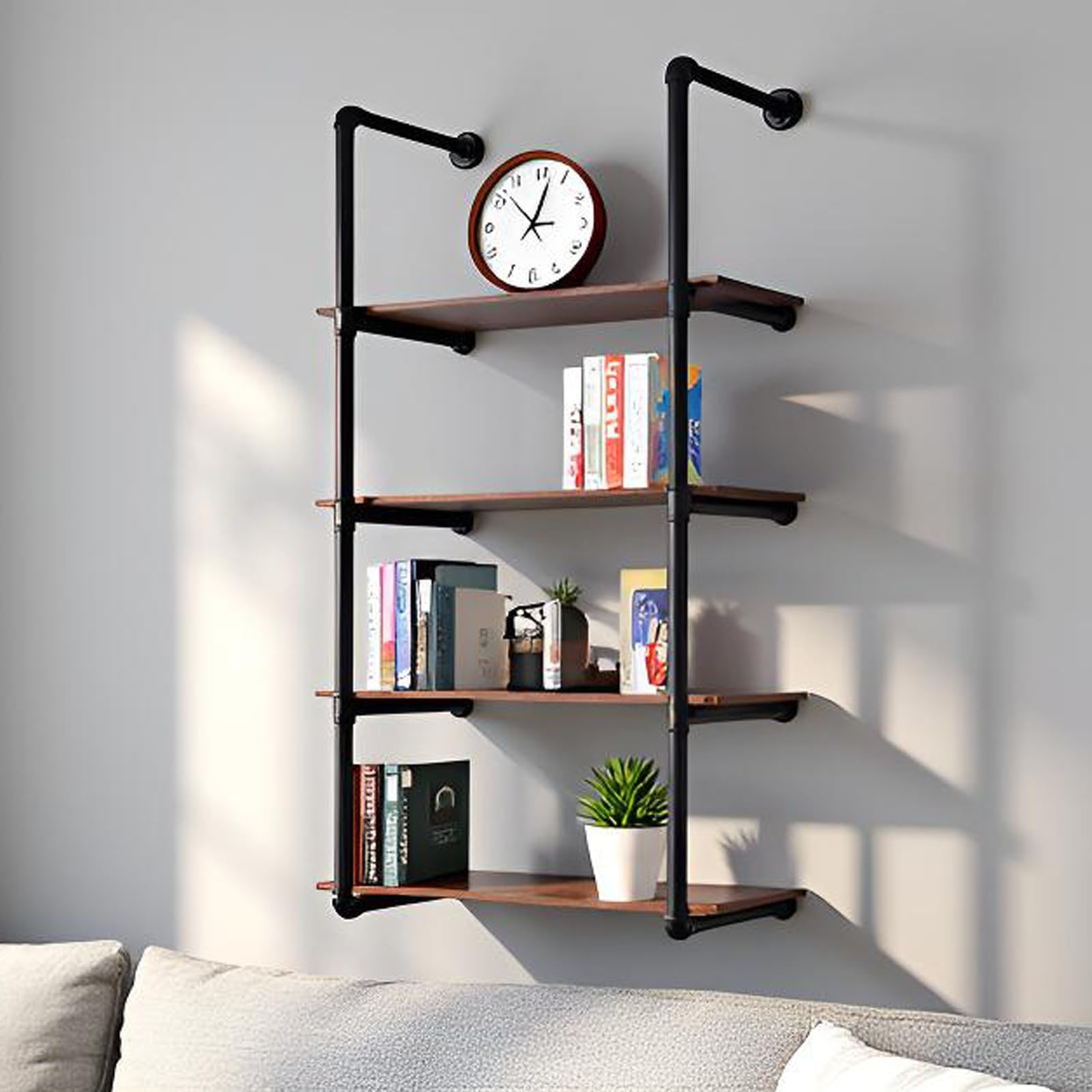 4 Tier Industrial Pipe Floating Shelves with 60cm Solid Wood Board