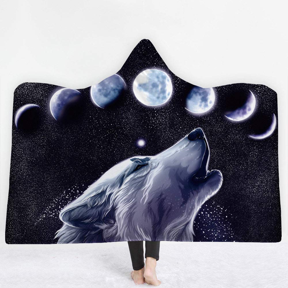 Plaid à capuche Sherpa épais et doux motif loup unique de qualité supérieure