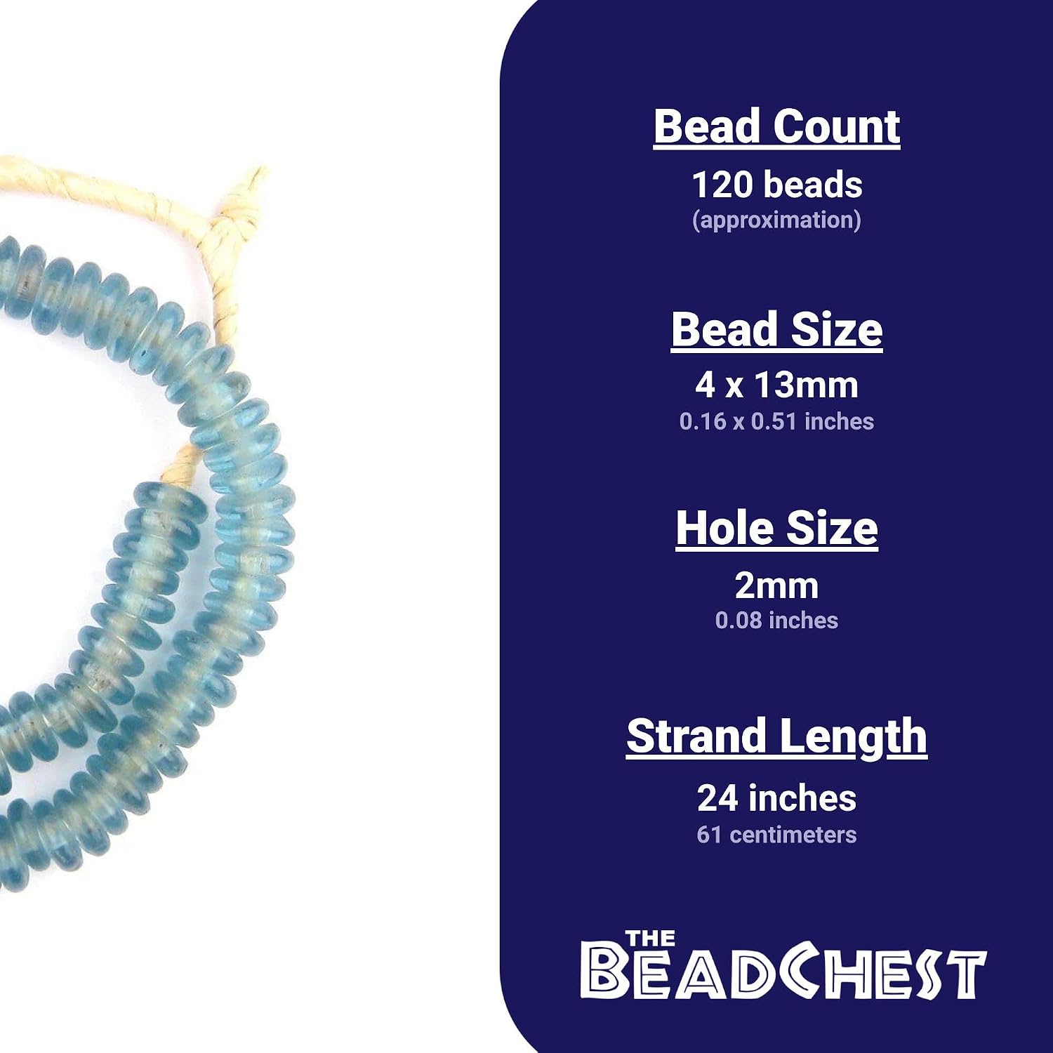 The Bead Chest African Disk Recycled Glass Beads - Full Strand of Eco-Friendly Ghanaian Rondelle Beads (Light Blue)