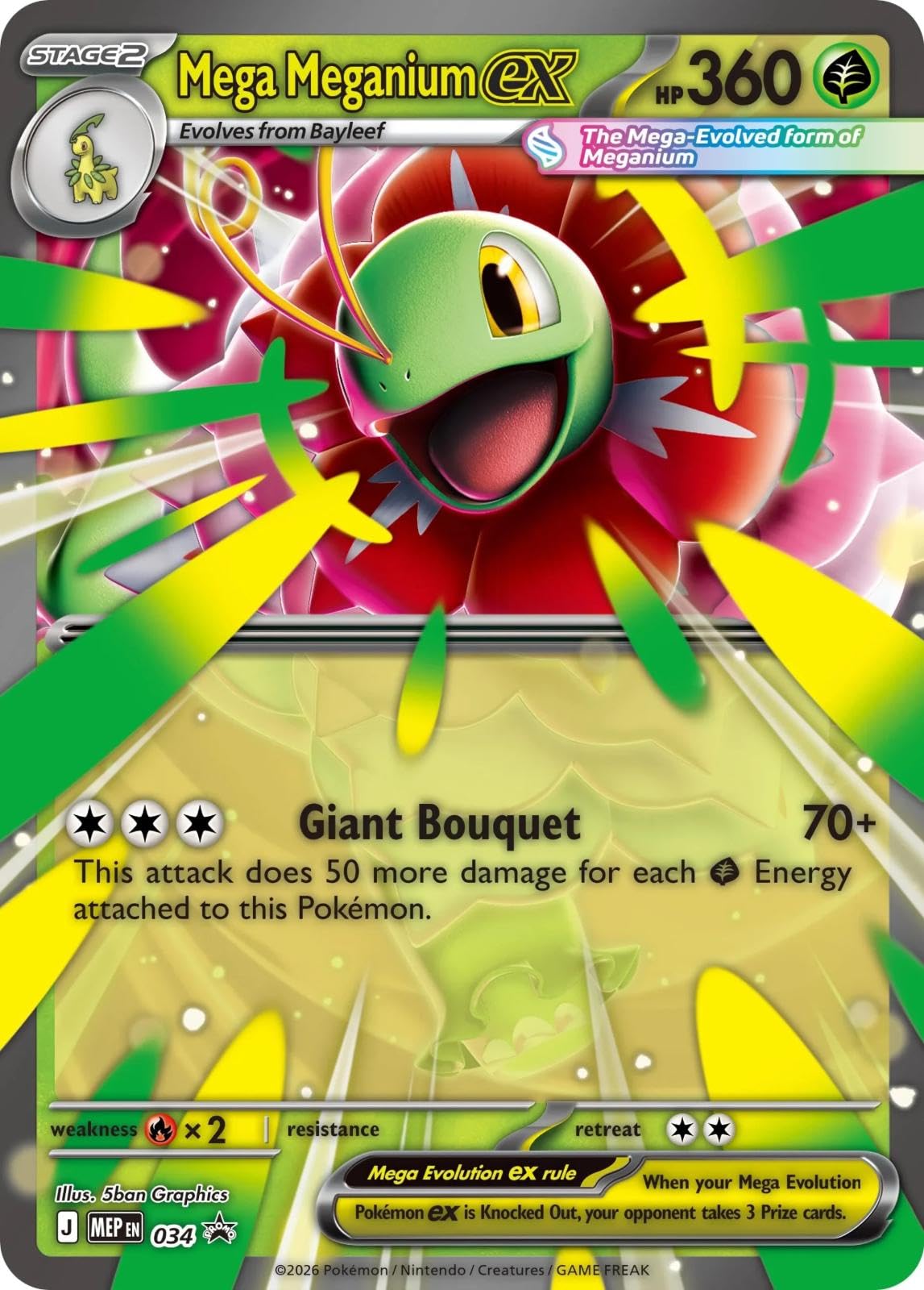 Pokemon Mega Meganium ex 034, Holofoil Promo Card, Stage 2 Grass-Type, 360 HP, Ultra Rare, Cardboard