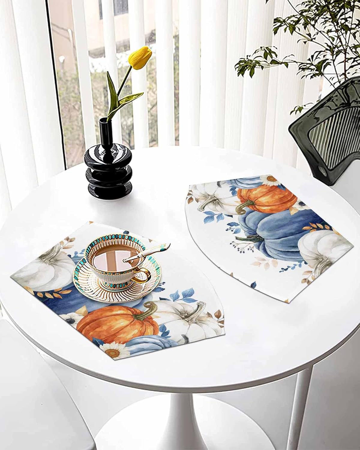 Navy Blue Pumpkins Fall Round Table Placemats Set of 6, Thanksgiving Eucalyptus Leaf Wedge Shaped Place Mat for Dining Table, Orange Grey Pupmkin Heat Insulation Non-Slip Table Mats for Kitchen Decor