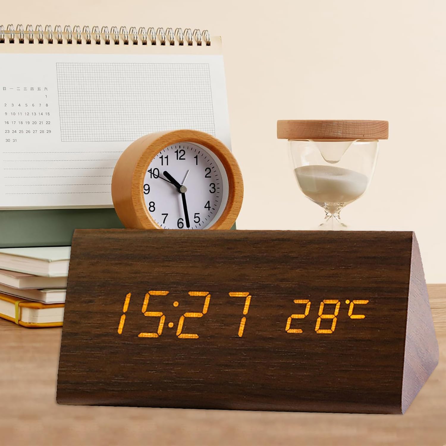 Digital Alarm Clock, Wooden Electronic LED Time Display & Temperature Detect, USB Port, 3 Alarm Settings, Wood Made Electric Clocks for Bedroom, Bedside (Brown)