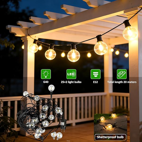 Guirnalda Luces Exterior Jardín 20M con Control Remoto, con 25+2 LED G40 Bombillas, Blanco Cálido, 3 Modos/Impermeable/Regulable/Sincronización, Guirnalda para Jardin, Terraza, Fiestas, Patio - 3