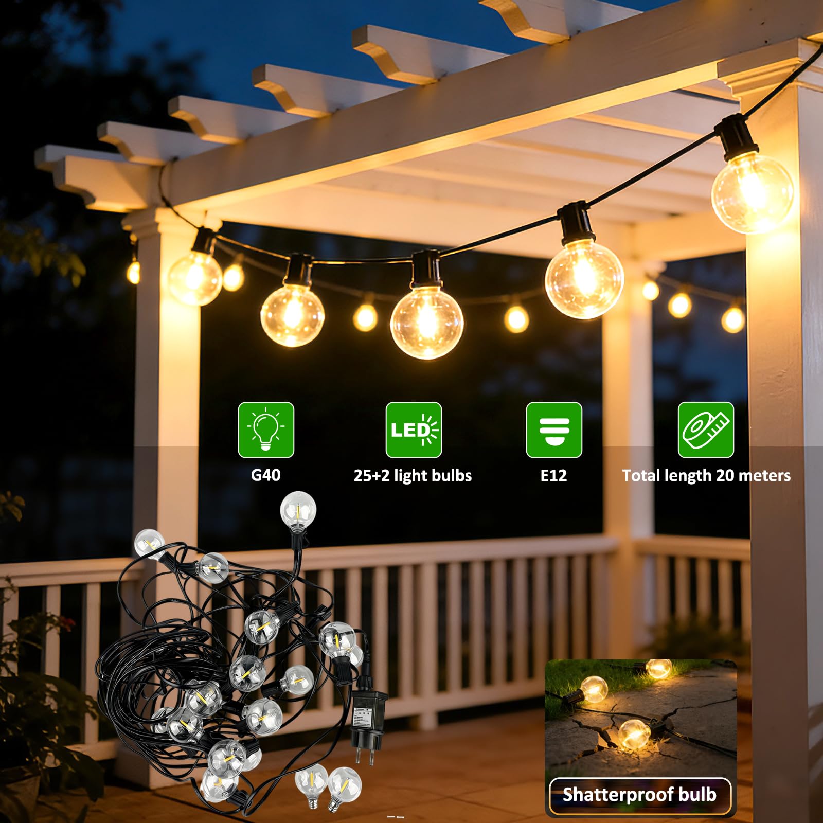 Guirnalda Luces Exterior Jardín 20M con Control Remoto, con 25+2 LED G40 Bombillas, Blanco Cálido, 3 Modos/Impermeable/Regulable/Sincronización, Guirnalda para Jardin, Terraza, Fiestas, Patio — view 3