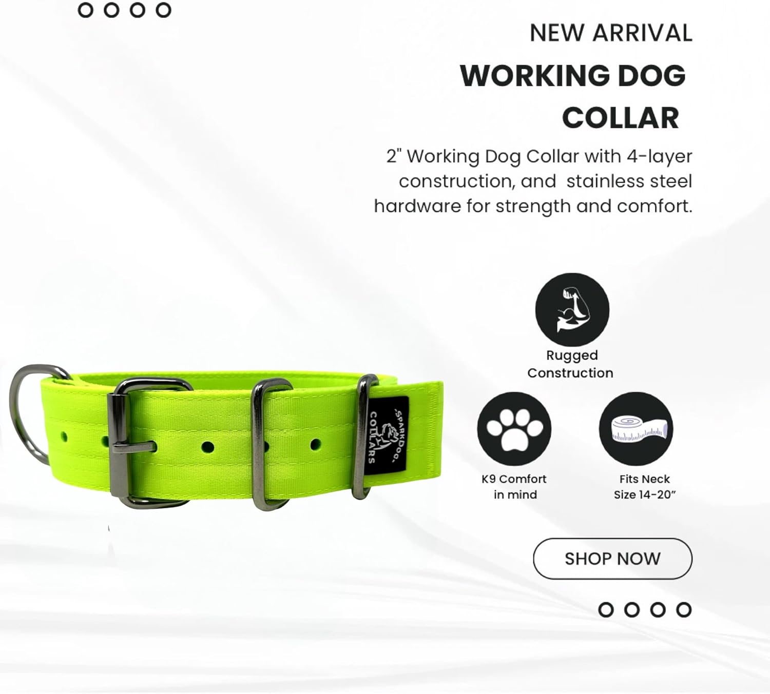 SparkDog 2” Working Dog Collar – Heavy Duty 4-Ply Nylon & Polyester Webbing, Stainless Steel Hardware, Tactical Style for Pitbulls, Medium & Large Dogs (14-20" (Lime Green, 2" Width)