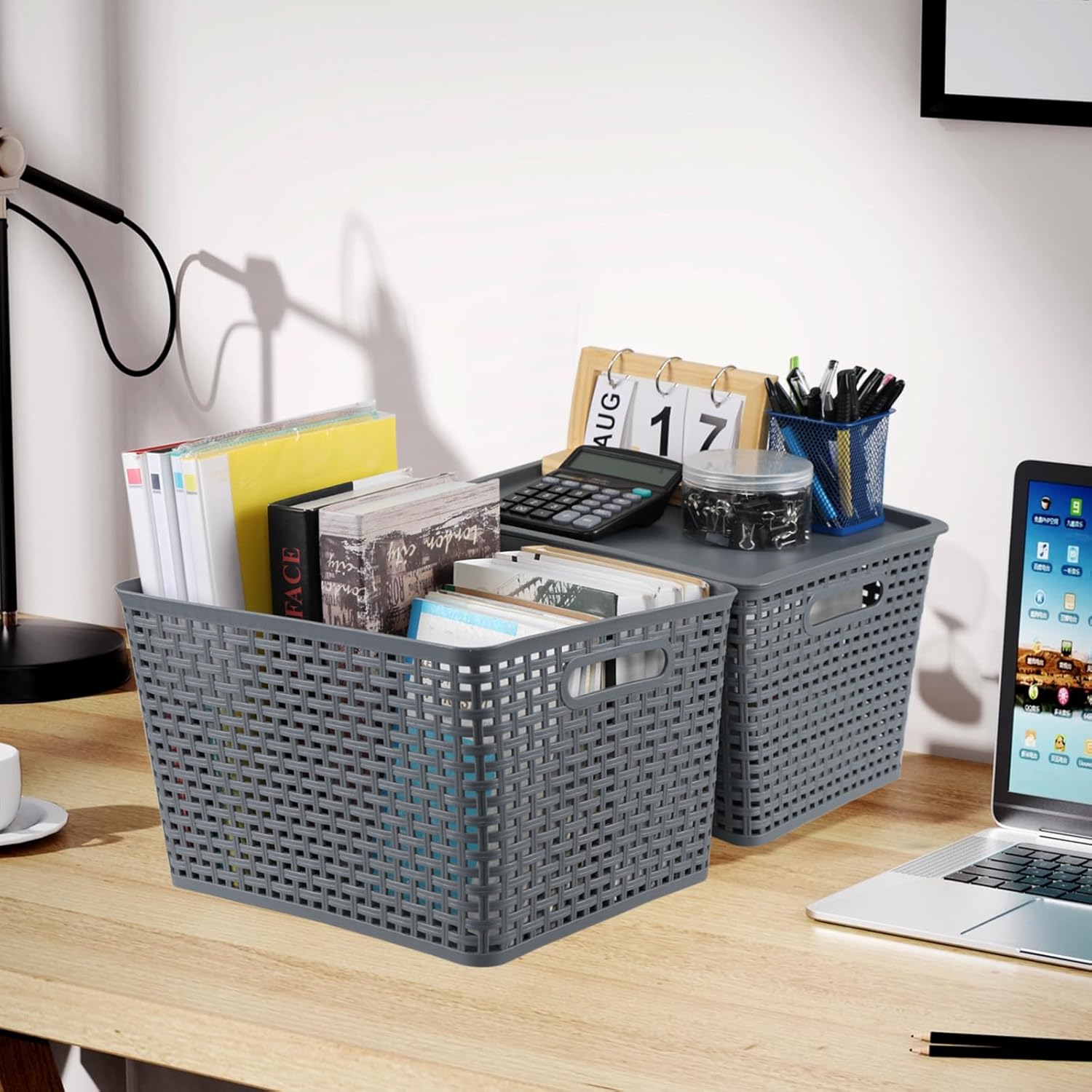 Ggbin 6-Pack Large Plastic Weave Storage Basket with Lid, Grey Storage Basket Bins