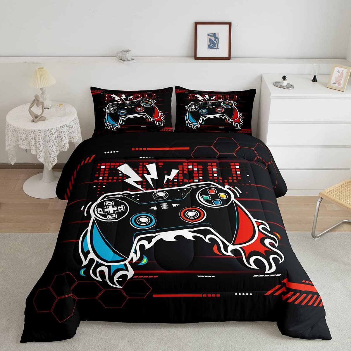 Feelyou Kids Gamer Bedding Set Gaming Comforter Set Game Room Decor Comforter for Boys Girls Teens Gamepad Decor Honeycomb Duvet Set Twin Size with 1 Pillow Case Boys Multi 04 Twin