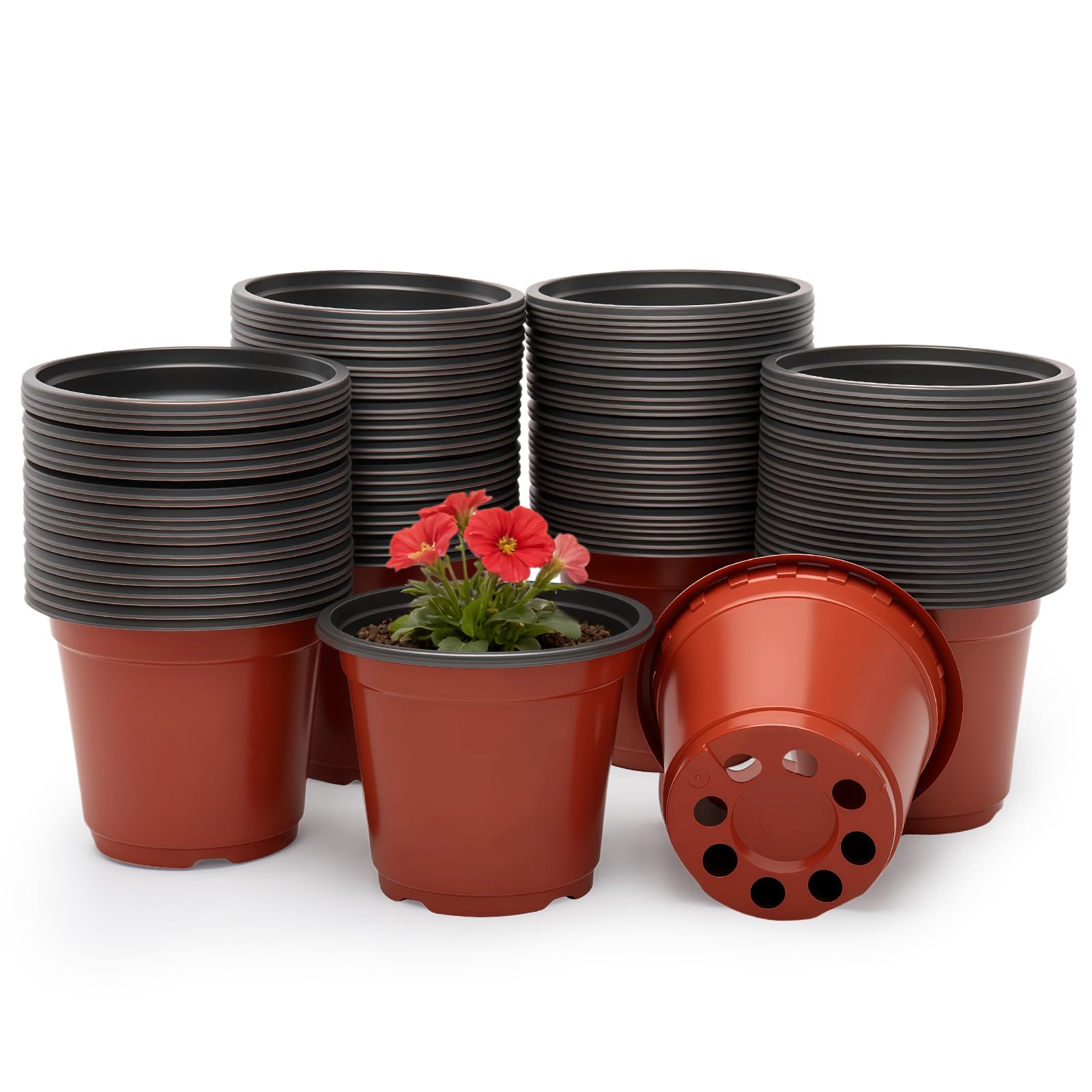 FANGCCC 100 Pack 10cm Plastic Plant Pots, Flexible Seedling Nursery Pots with Drainage Holes, Small Flower Planters for Seeds, Cuttings, Herbs, Succulents and Transplanting