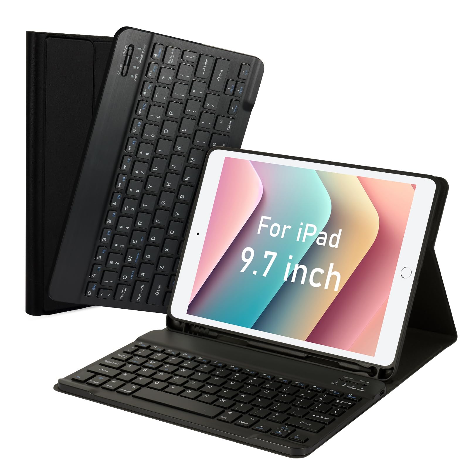 LAMA Keyboard Case for iPad 9.7 inch 2018 (6th Gen)/ 2017 (5th Gen)/2016 iPad Pro/iPad Air 2/1, Thin - Detachable - Wireless Keyboard Cover with Pencil Holder for iPad 9.7 inch, Auto Sleep/Wake, BK