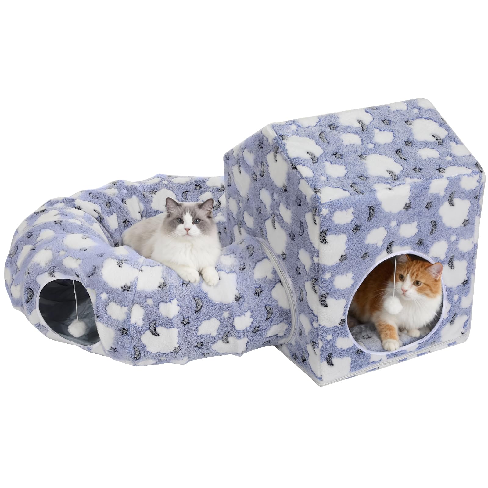 Pawaboo Letto a Tunnel per Gatti, Tubo a Ciambella per Gatti con Casetta Quadrata, Tunnel Morbidi in Peluche con Cuscini Lavabili, Nascondiglio Pieghevole per Gattini con Palline Morbide, Indaco