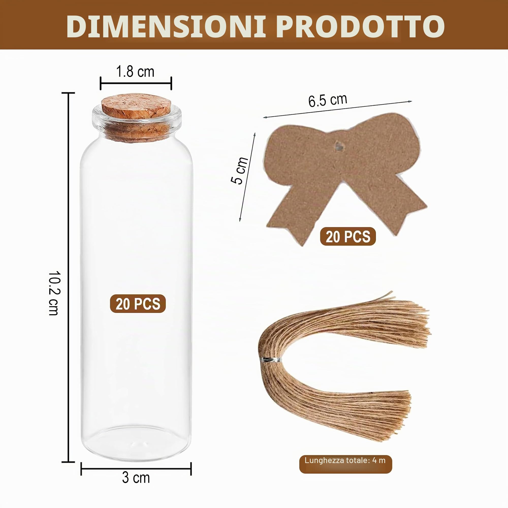 20 Pezzi Piccoli Barattoli con Tappi da 50ml, Mini Bottiglie di Vetro con Etichette e Fili di Carta Kraft per Il Messaggio in Una Bottiglia, Decorazioni per Il Matrimonio, Regali, Battesimo