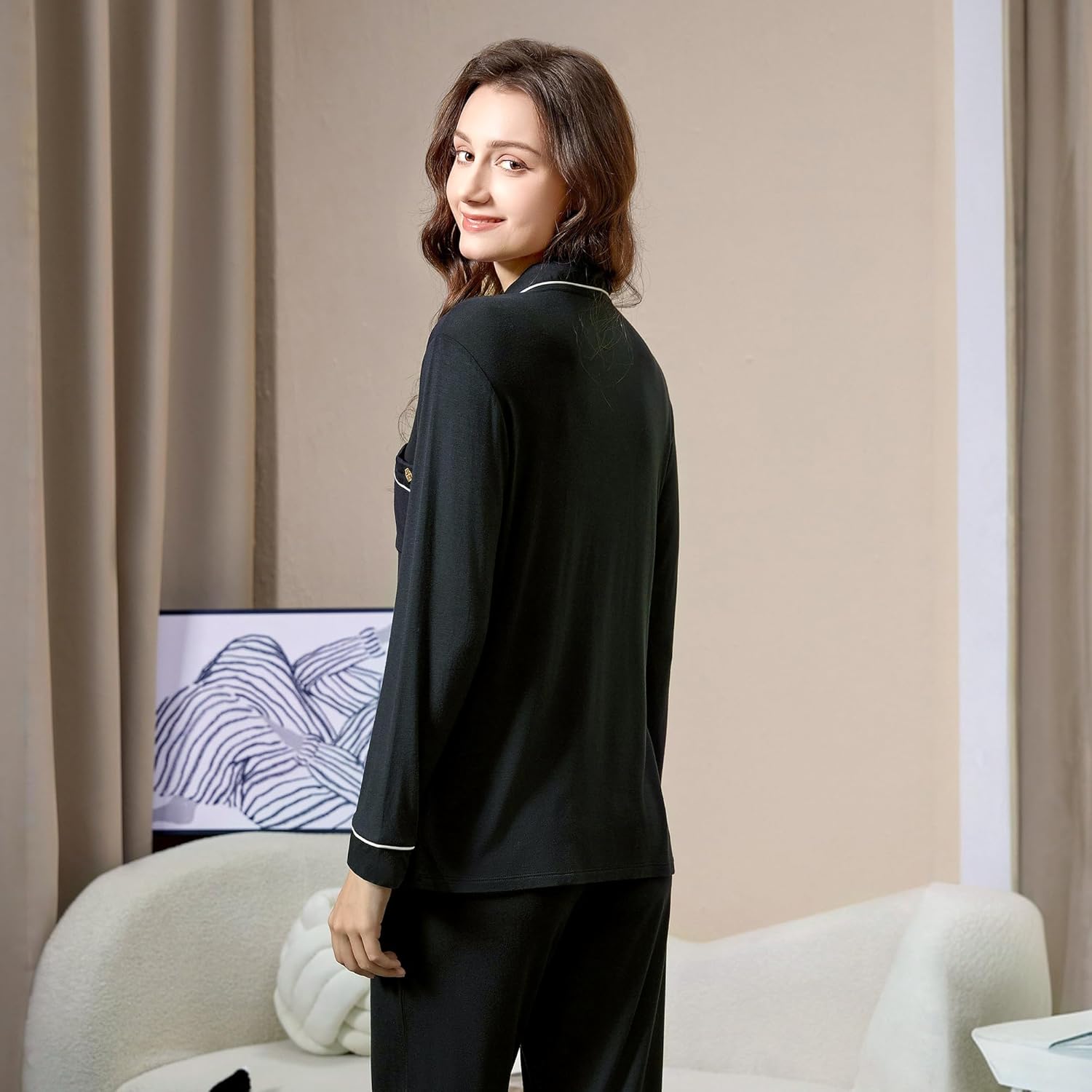 Women's Pajamas Set 2 Piece Womens Long Sleeve Pajama Sets Tencel Rayon Cotton Pj Sets for Women S-2XL - Image 4