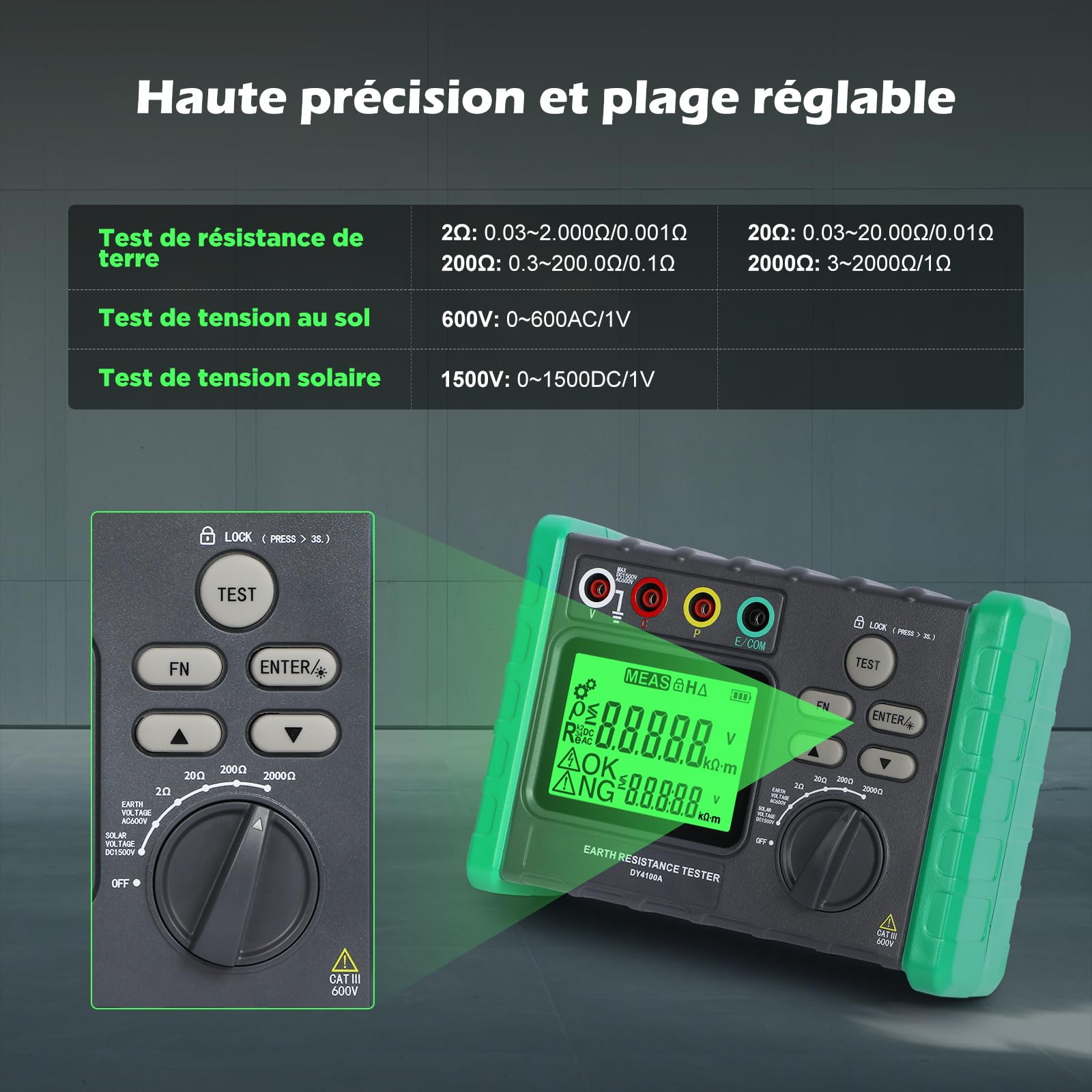 DY4100A Testeur de Résistance à la Terre Numérique, Mesure de Résistance de Mise à la Terre de 2/20/200/2000 Ω, Mesure de Tension CA de 600V Mégohmmètre à Mesure Automatique Amélioré