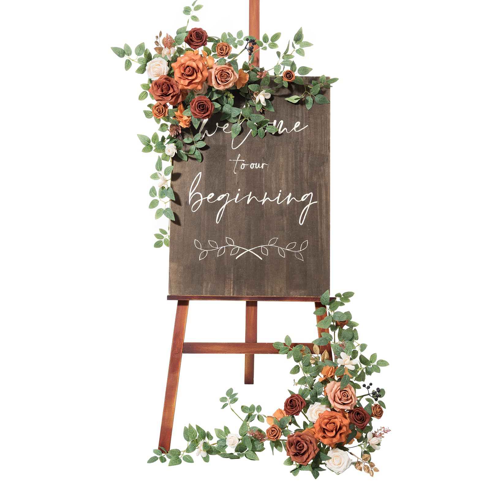 Photo 1 of Ling's Moment 2pcs Wedding Flowers Garland Artificial Floral Swag Arch Decorations Rose Greenery Arrangements Sunset Terracotta Ceremony Reception Garden Easel Wall Entryway Outdoor (NOT Include Sign)