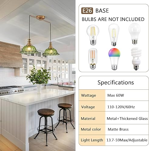 Miniatura 5 de HDDFL Lámparas colgantes vintage modernas de cristal verde con cable ajustable para isla de cocina, comedor, sala de estar, pasillo