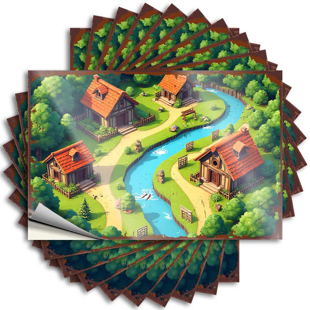 Patio Bar Accessories Decals - Feminist Paw Garage Whimsical Village with River and Wooden Houses(6X9CM)