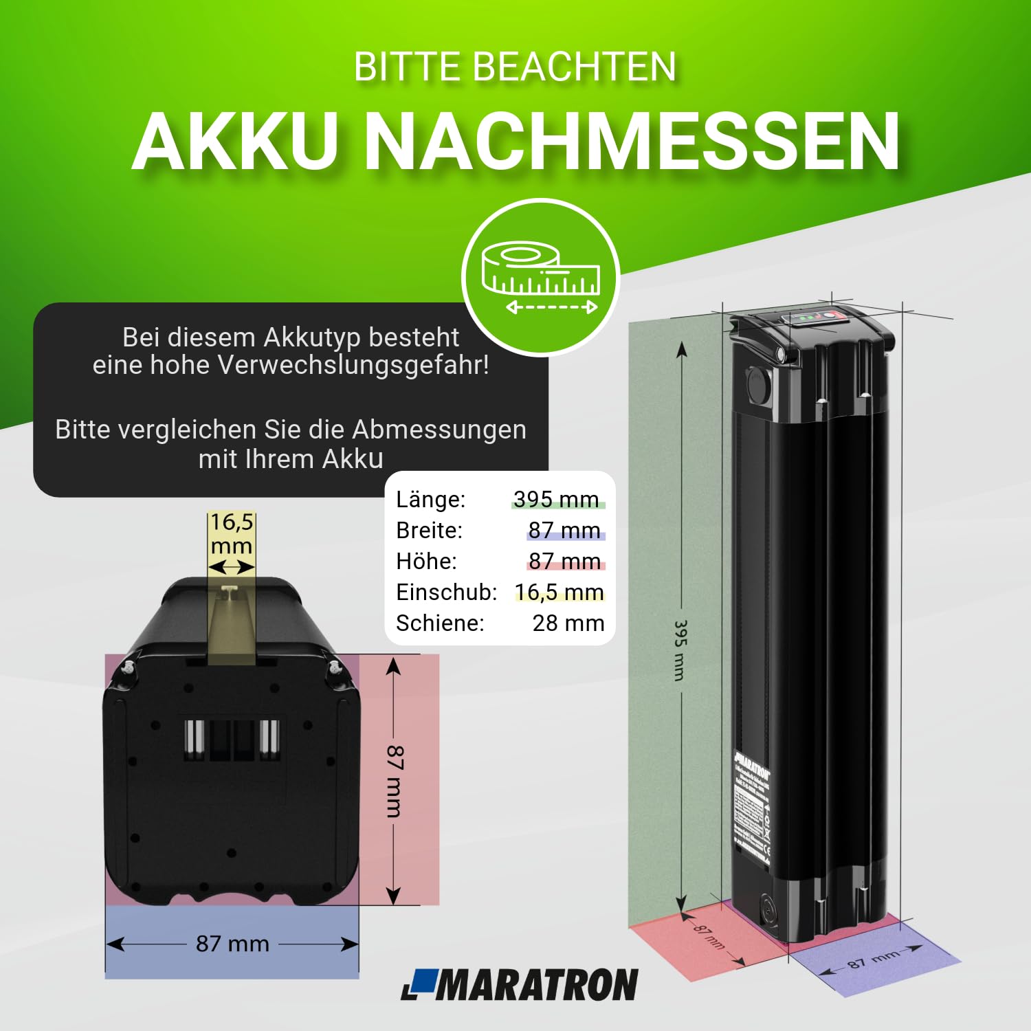Maratron Ersatz-Akku 36V 10,4Ah (374Wh) kompatibel mit TELEFUNKEN Multitalent, ZÜNDAPP Z510, Z517, Green 2.7, Green 3.7 u.v.m. (39,5 cm)