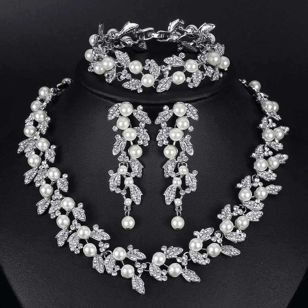 mecresh Simulated Pearl Leave Floral Bridal Jewelry Sets, Crystal Wedding Necklace Earrings Bracelet Sets Jewelry Engagement Gift - Image 6