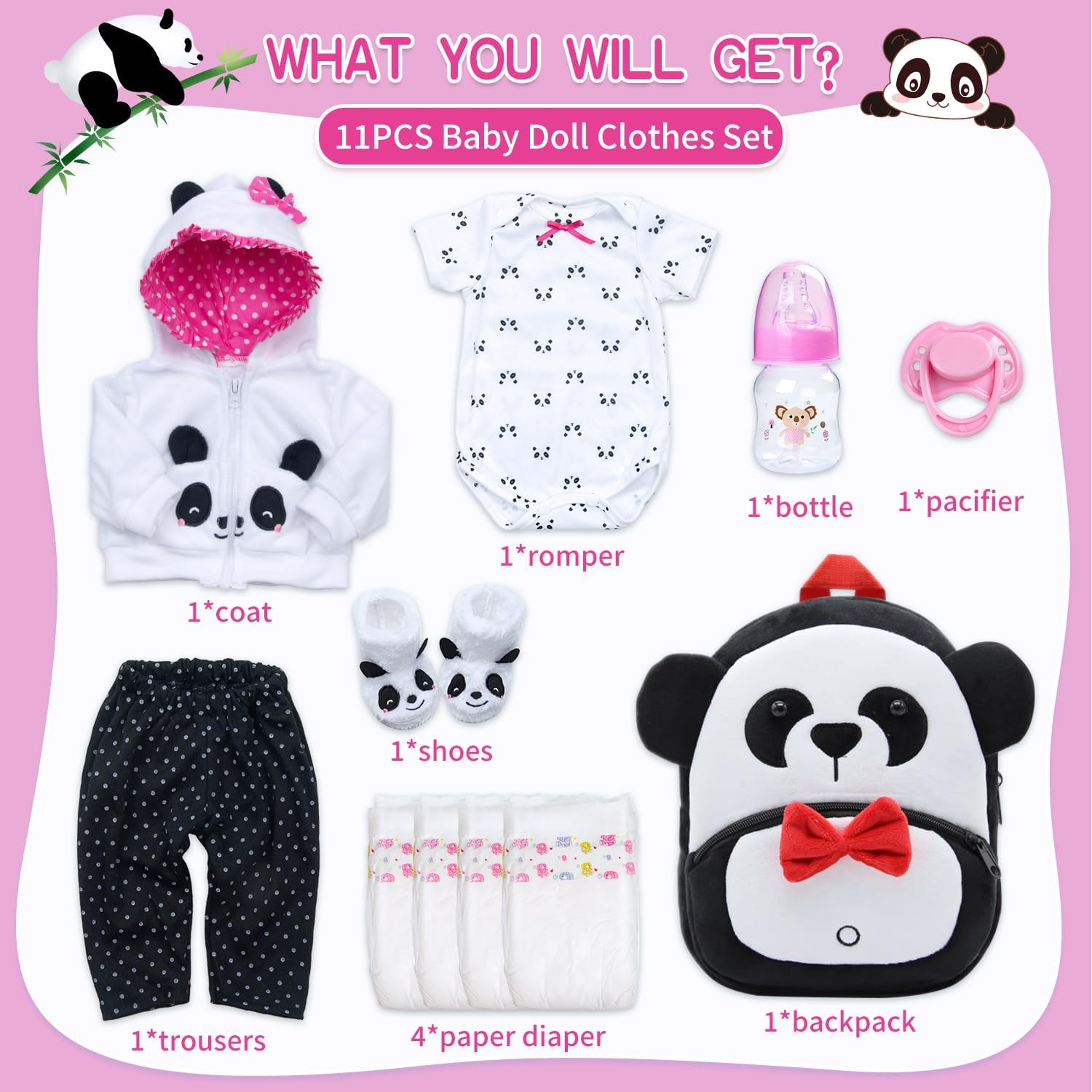 11 Pcs Set Reborn Baby Dolls Clothes Girl Panda Outfit Accessories for 17-19 Inch Reborn Doll Newborn Girl with Panda Backpack&Diaper