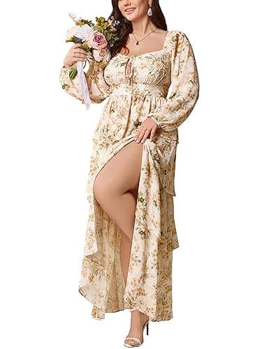 EYWOL Womens Plus Size Floral Tiered Ruffle Long Sleeve Evening