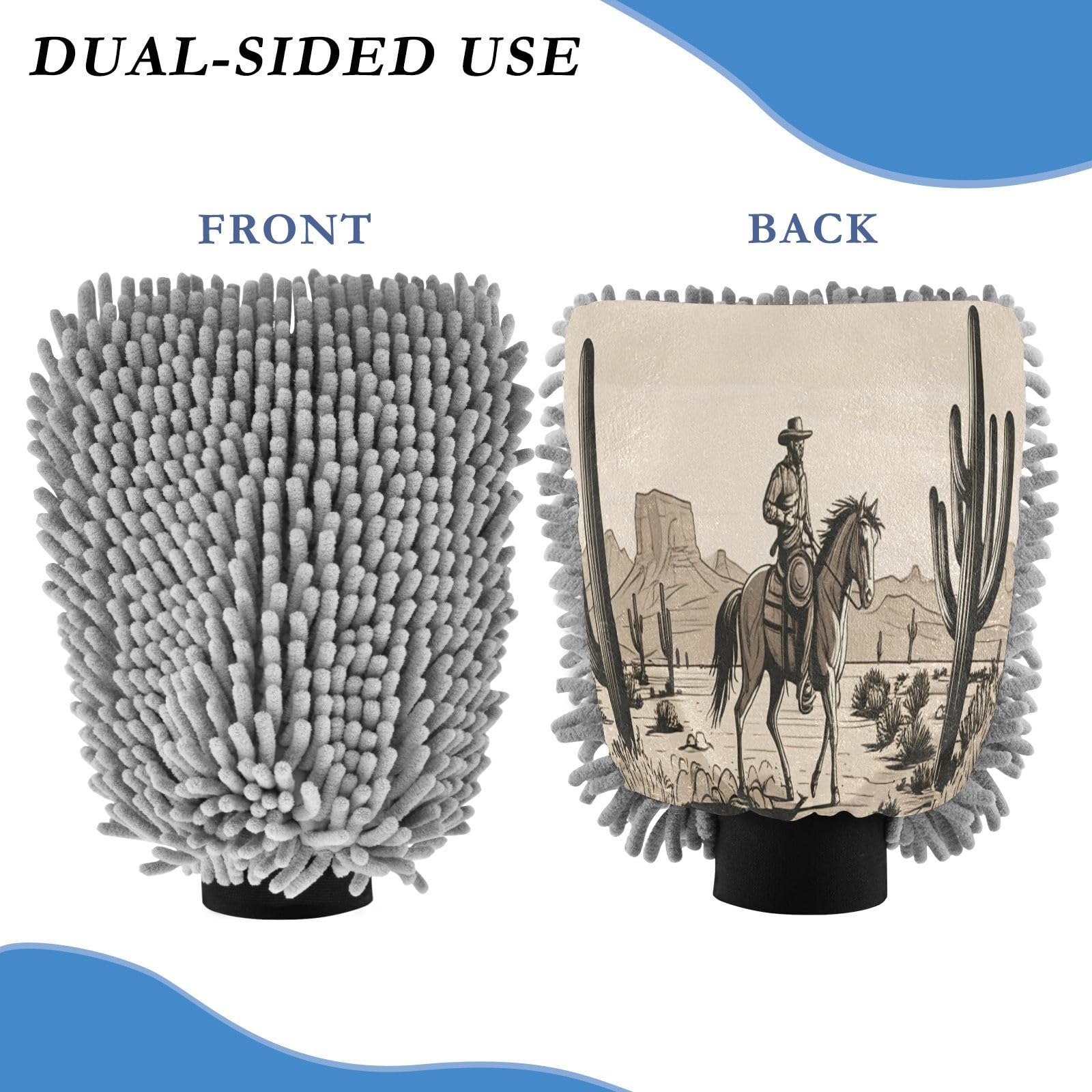 Kigai Western Cowboy Crossing The Desert Car Wash Mitt Microfiber, 2Pcs Scratch Free Lint-Free, Premium Chenille Microfiber Mitt Car Wash Brush-L