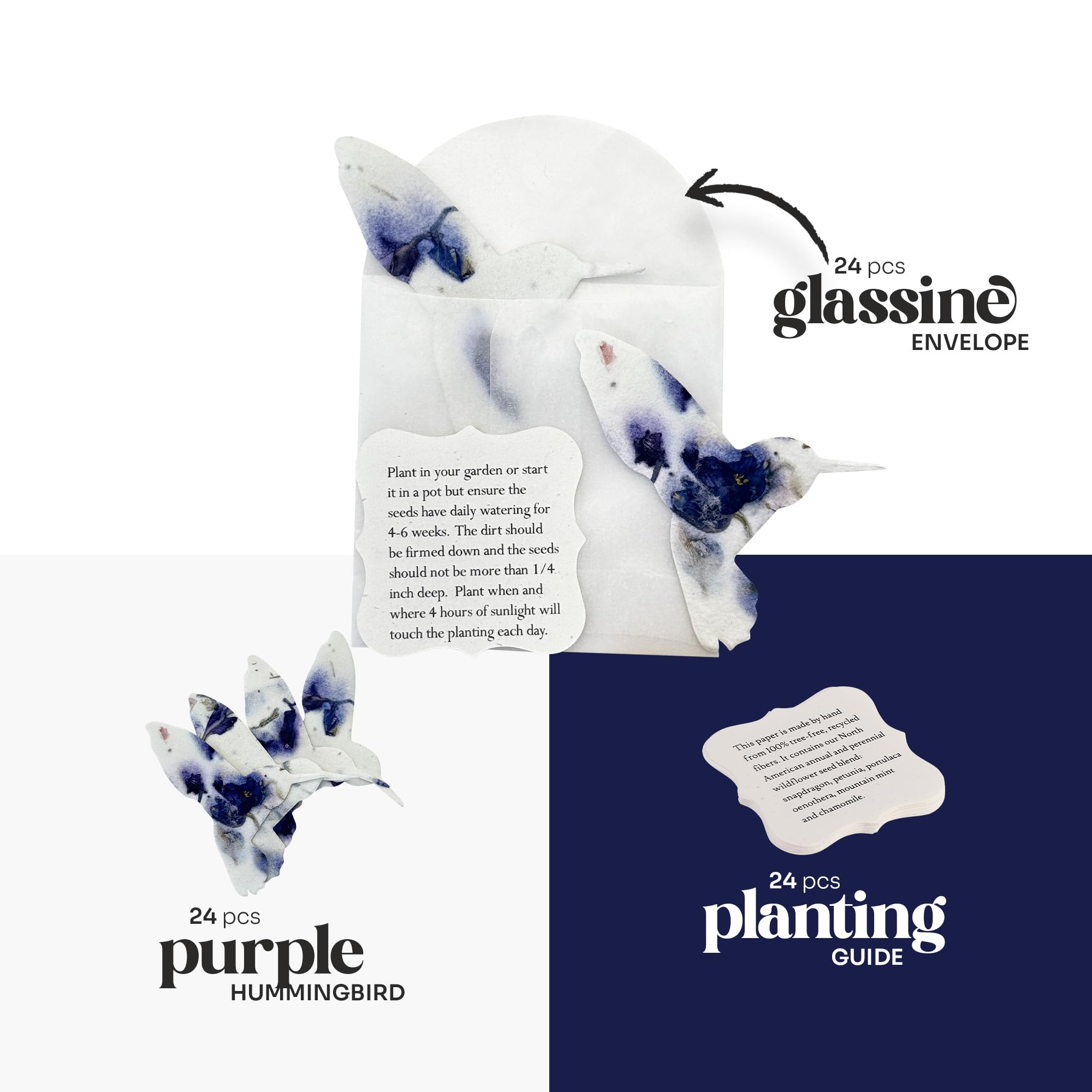 Lot de 24 feuilles de papier de graines de fleurs sauvages en forme de colibri violet avec enveloppe et instructions de plantation (français non garanti) - Cadeau inscriptible et plantable