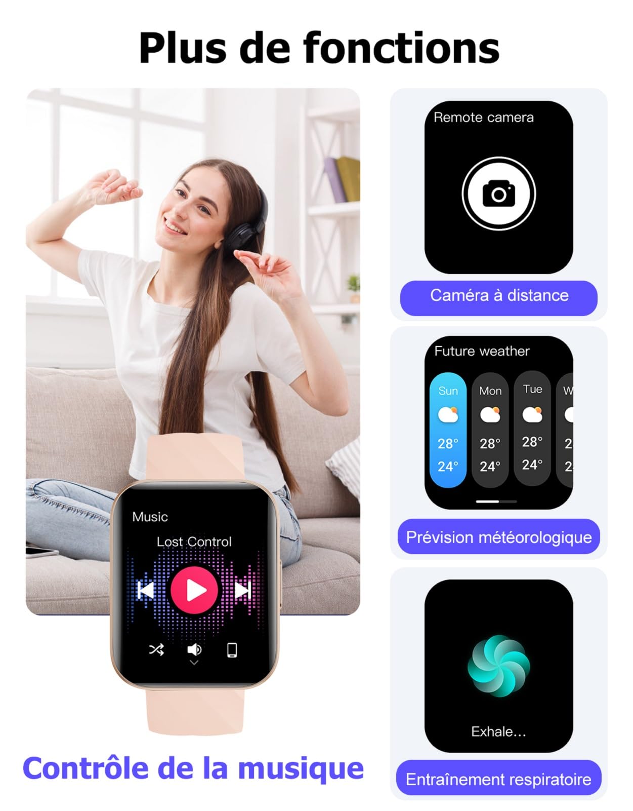 Montre Connectée Femme Appel Bluetooth Podometre Cardiofrequencemetre Oxymetre Montre Sport Etanche IP68 Cycle Menstruel Suivi Sommeil Calories Notification pour Samsung iPhone Xiaomi Android iOS Rose