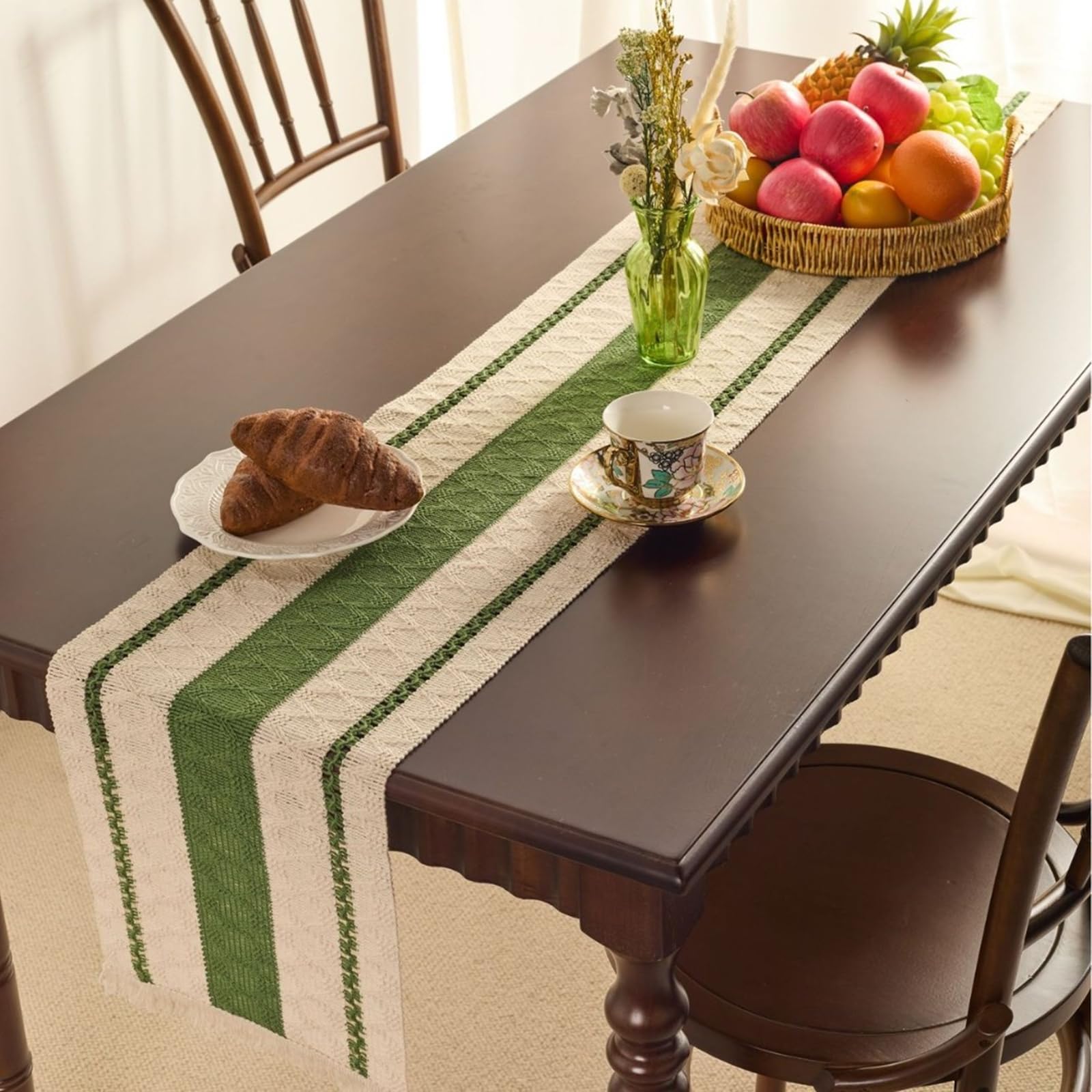Runner da Tavolo Poliestere Cotone 30x220 cm, Runner da Tavola Moderno Lavabile Strisce Intrecciato Semplice con Nappe Decorazioni per Sala da Pranzo Feste, Verde