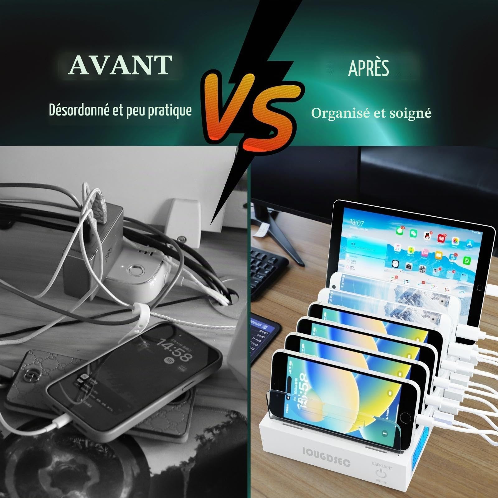 Station de charge rapide PD20W QC3.0 multi-ports USB, station de charge 7 en 1 pour plusieurs appareils avec écran LCD compatible avec iPhone, iPad, Samsung, Huawei et plus encore