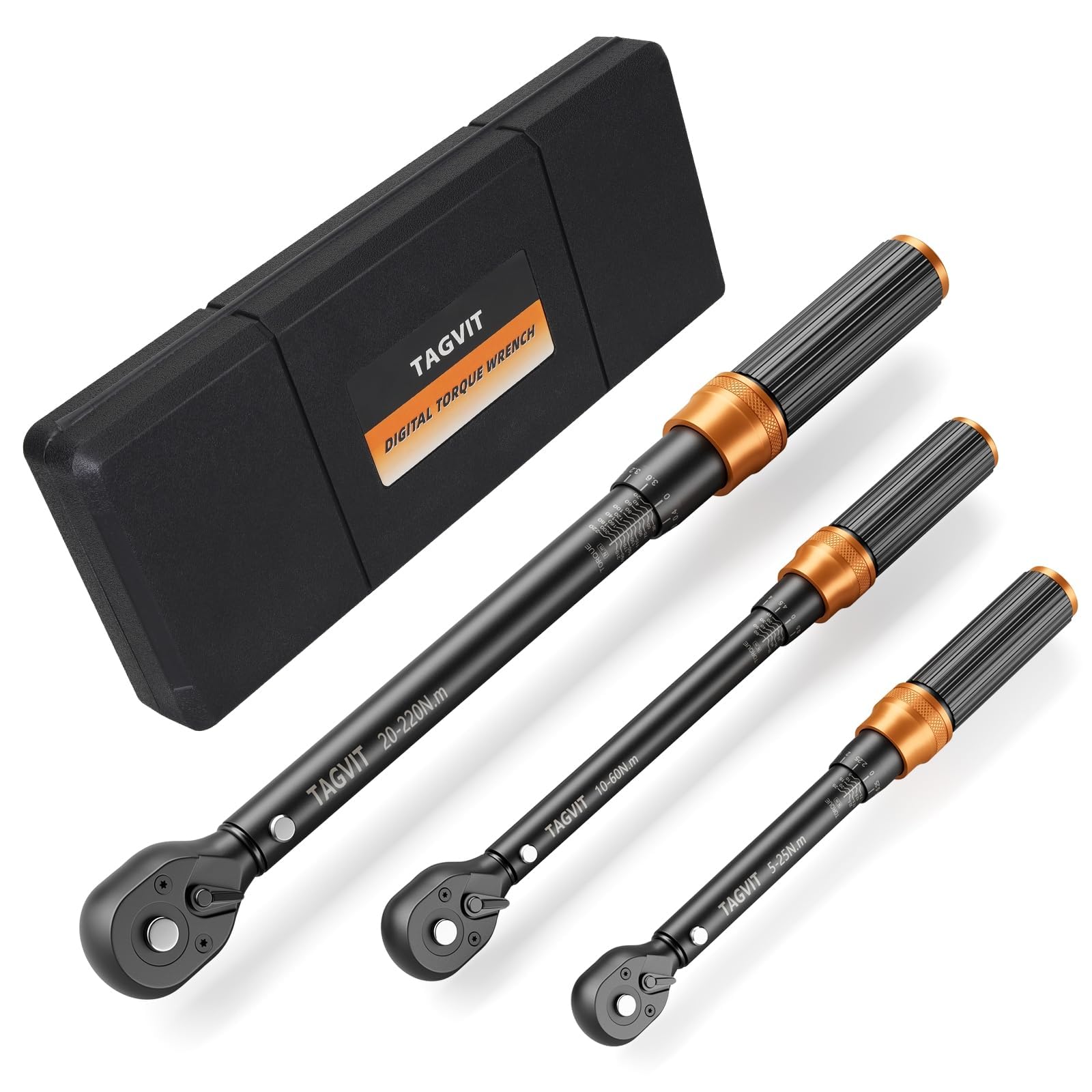 Llave Dinamometrica 1/4" & 3/8" & 1/2", 5-25Nm, 10-60Nm, 20-220Nm, 3 Piezas Llave de Torque, ±3% Alta Precisión, 72 Dientes Llave Dinamometrica Set para Bicicleta, Moto, Coche